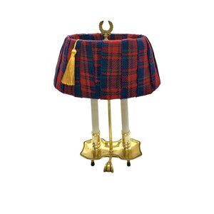 Lamp Petite Brass Candle Shape French Style Plaid Shade and Tassel Vintage Decor